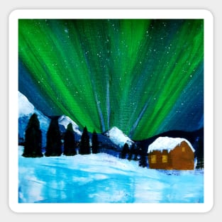 Aurora Borealis Snow Cabin Landscape Sticker